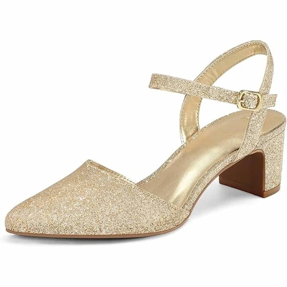 NEW MYSOFT women's pointy toe ankle strap heels in gold glitter
